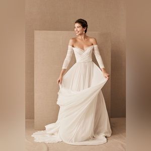 Wtoo by Watters Miles V-Neck Ruched-Sleeve Mesh Wedding Gown Anthropologie